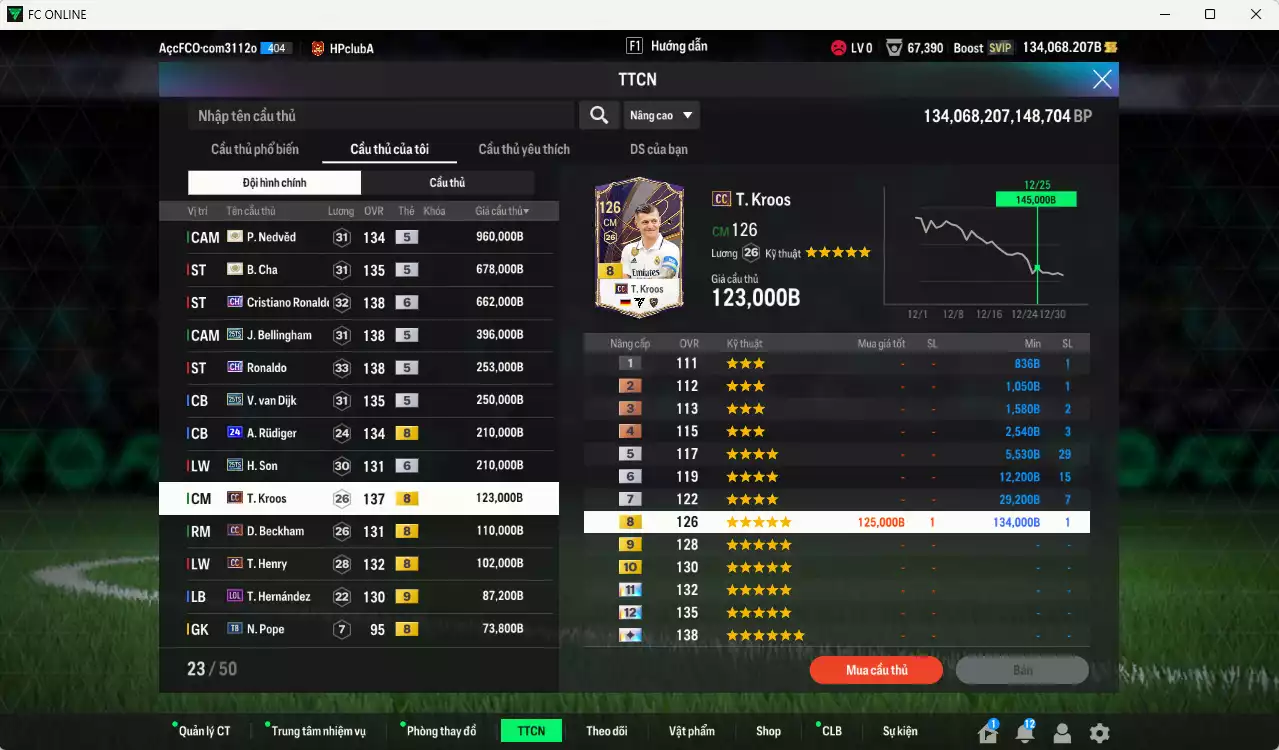 Ảnh Quốc Dân best 4.425.500b dư 134kb có Nedved ITM+5, B. Cha ITM+5, CR7 CH+6, Bellingham 25TS, Ronaldo CH, Van Dijk 25TS, Rudiger 24UCL, H. Son 25TS, Kroos CC, Beckham CC, Henry CC... Còn nhiều coin TM, HLV Xịn, đã đào tạo chỉ số full cầu thủ