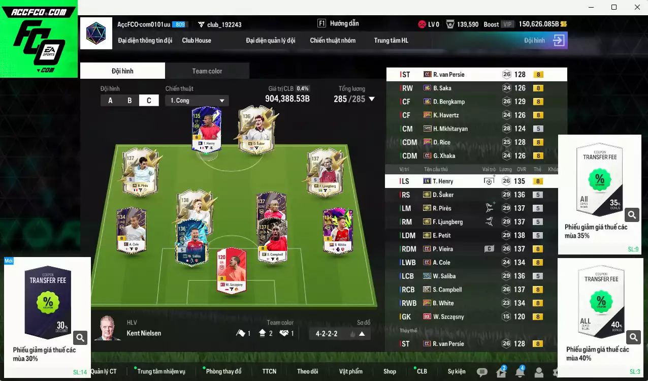Arsenal 904.380b dư 150b có Petit ITM+5, Ljungberg ITM+5, Pirès ITM+5, Suker ITM+5, Saliba 25TS, Vieira CC, Bergkamp HG, Campbell DC... Còn nhiều CP giảm thuế, HLV Xịn, đã đào tạo full chỉ số cầu thủ