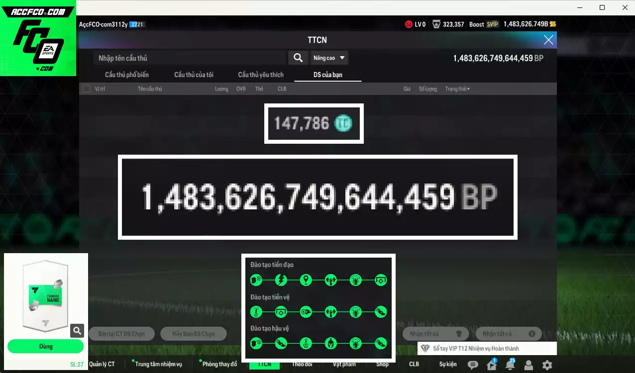 ACC 1483626b trắng, có thẻ đổi tên. HLV Xịn, đã full đào tạo chiến thuật, dư 147.000TC