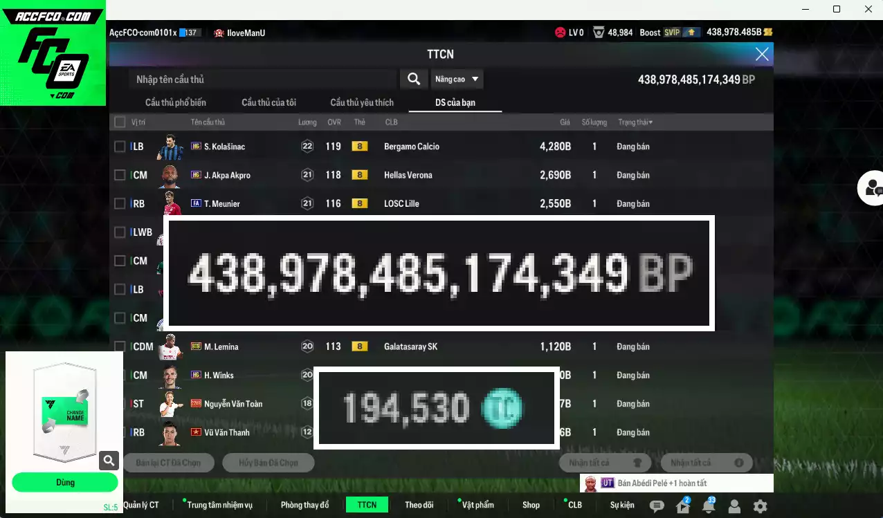 ACC 438978b trắng, có thẻ đổi tên, còn CP giảm thuế. Dư 194.000TC