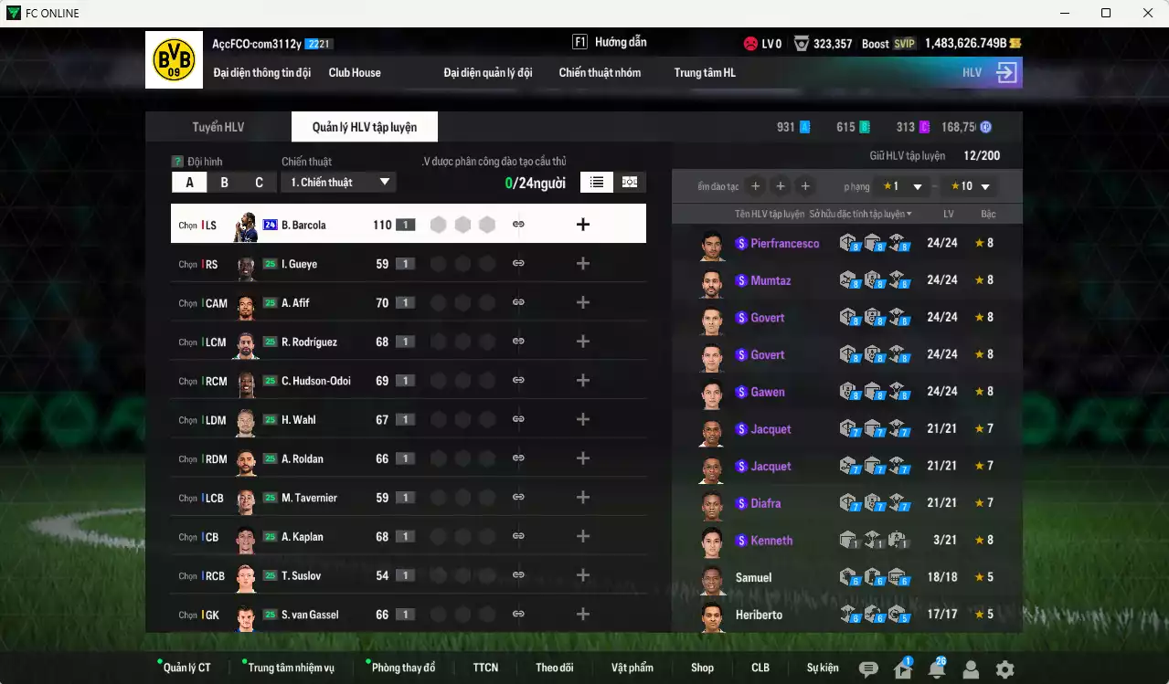 Ảnh ACC 1483626b trắng, có thẻ đổi tên. HLV Xịn, đã full đào tạo chiến thuật, dư 147.000TC