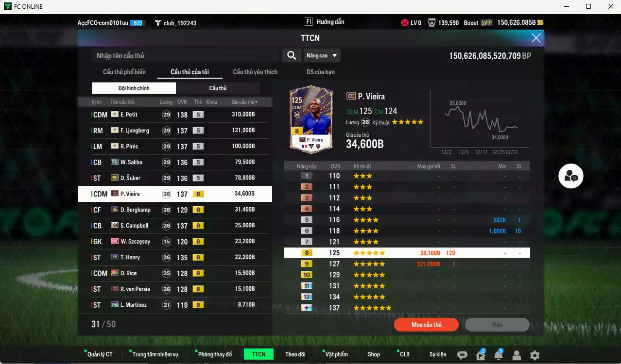 Ảnh Arsenal 904.380b dư 150b có Petit ITM+5, Ljungberg ITM+5, Pirès ITM+5, Suker ITM+5, Saliba 25TS, Vieira CC, Bergkamp HG, Campbell DC... Còn nhiều CP giảm thuế, HLV Xịn, đã đào tạo full chỉ số cầu thủ