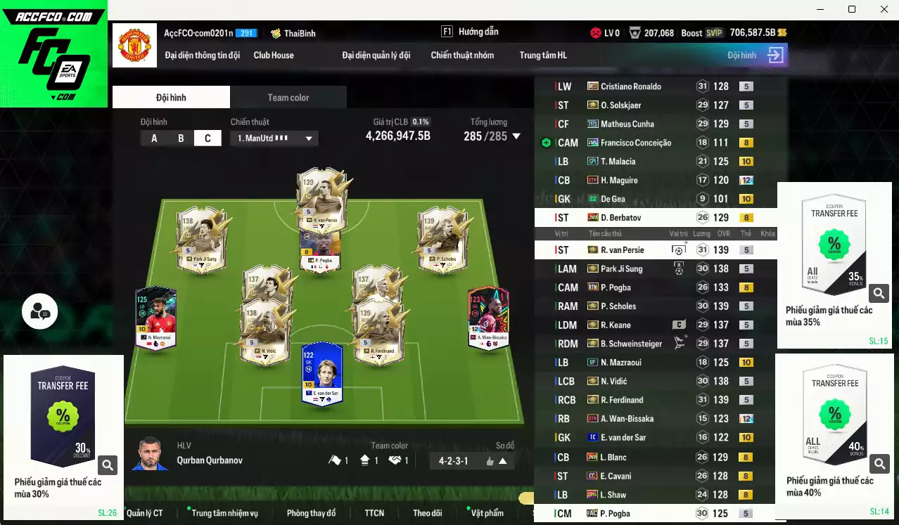 [Dư nhiều BP] Man Utd. mùa ITM 4.266.940b dư 700kb có Van Persie ITM+5, Ferdinand ITM+5, Vidic ITM+5, Scholes ITM+5, Schweinsteiger ITM+5, Keane ITM+5, Park ITM+5, Cunha 25TS, CR7 BLD, Pogba RTN...  Còn rất nhiều CP giảm thuế, HLV Xịn, dư 150.000TC