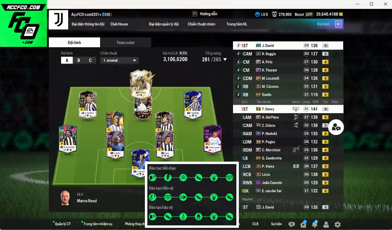 Juventus đầu tàu Henry ITM+5 3.106.620b có Henry ITM+5, Del Piero DC, Pirlo DC, Lúcio CC, Nedved LN, Pogba RTN, Baggio LE, Vieira CC, K. Thuram UT, Marchisio DC... Đã full đào tạo chiến thuật, dư 189.000TC