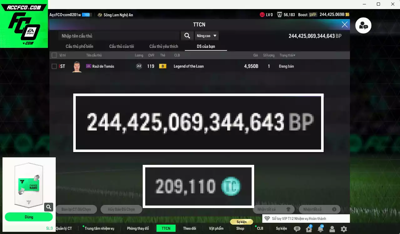 ACC 244425b trắng, có thẻ đổi tên. Dư 209.000TC