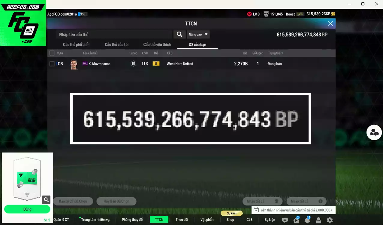 ACC 615539b trắng, có thẻ đổi tên. HLV Xịn