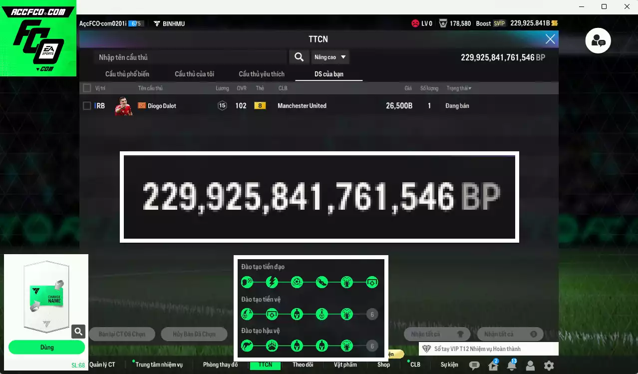 ACC 229925b trắng, có thẻ đổi tên, còn nhiều CP giảm thuế. HLV Siêu Xịn, gần full đào tạo chiến thuật