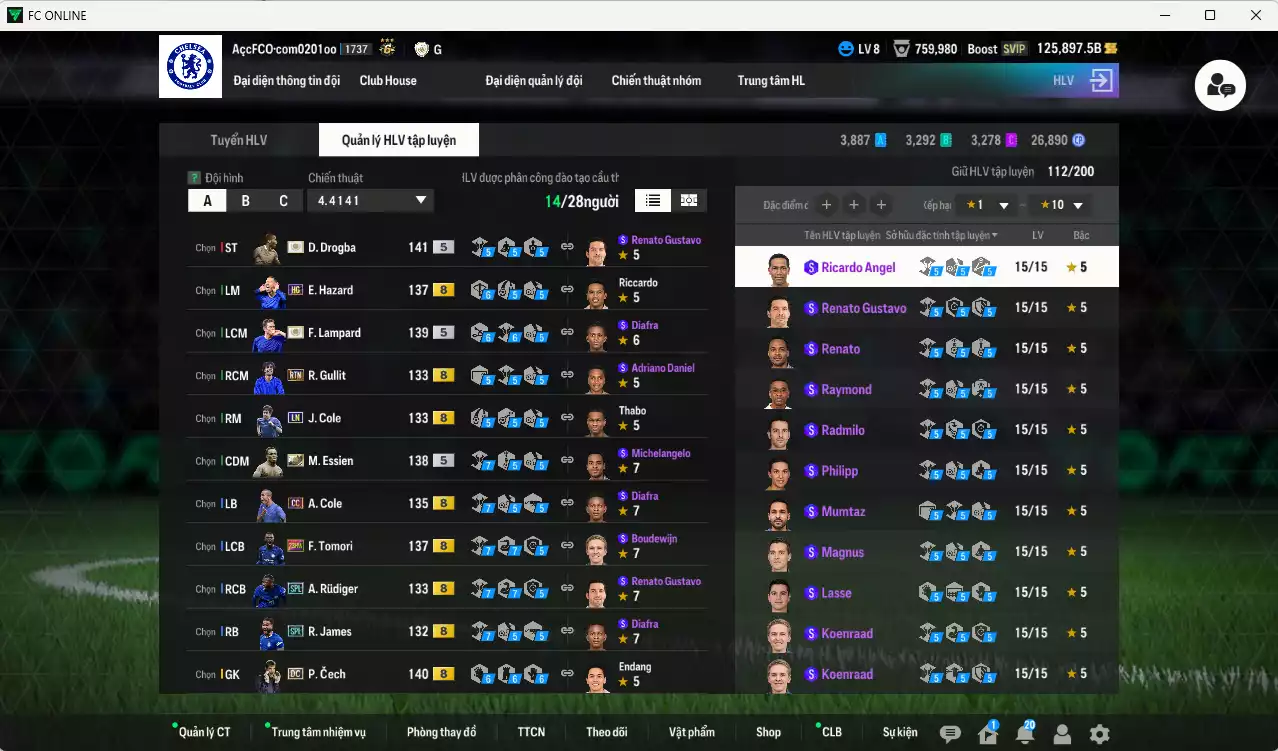 Ảnh Chelsea 6.632.260b dư 125kb có Drogba ITM+5, Lampard ITM+5, Essien ITM+5, Rudiger SPL, Hazard HG, Gullit RTN, Litmane ITM+5, Cech DC, James SPL, Tomori 23HW... Còn nhiều CP giảm thuế, HLV Siêu Xịn, đã full đào tạo chiến thuật lẫn chỉ số cầu thủ