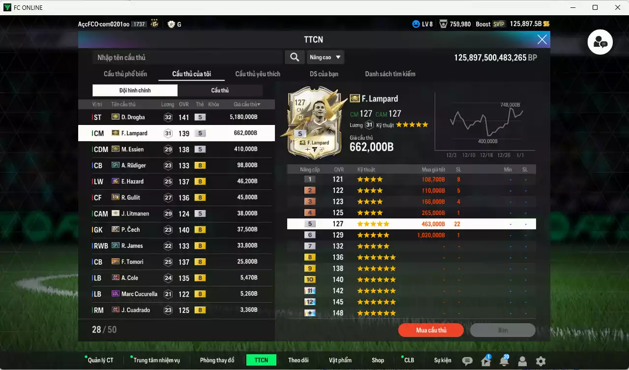 Ảnh Chelsea 6.632.260b dư 125kb có Drogba ITM+5, Lampard ITM+5, Essien ITM+5, Rudiger SPL, Hazard HG, Gullit RTN, Litmane ITM+5, Cech DC, James SPL, Tomori 23HW... Còn nhiều CP giảm thuế, HLV Siêu Xịn, đã full đào tạo chiến thuật lẫn chỉ số cầu thủ