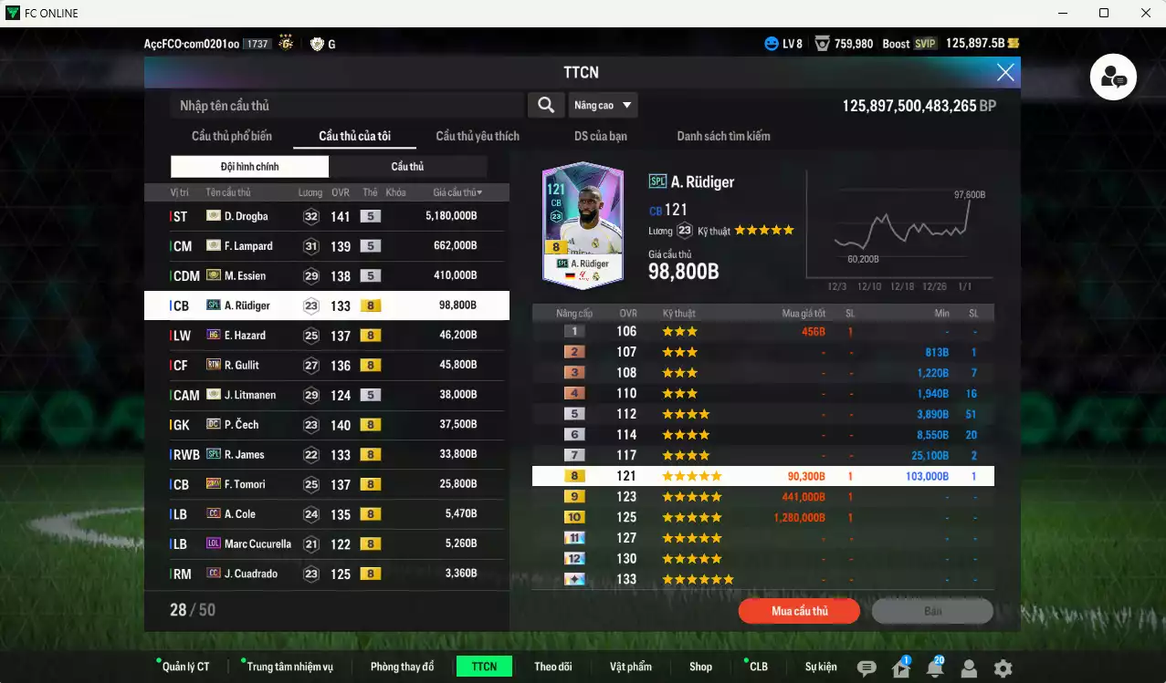 Ảnh Chelsea 6.632.260b dư 125kb có Drogba ITM+5, Lampard ITM+5, Essien ITM+5, Rudiger SPL, Hazard HG, Gullit RTN, Litmane ITM+5, Cech DC, James SPL, Tomori 23HW... Còn nhiều CP giảm thuế, HLV Siêu Xịn, đã full đào tạo chiến thuật lẫn chỉ số cầu thủ