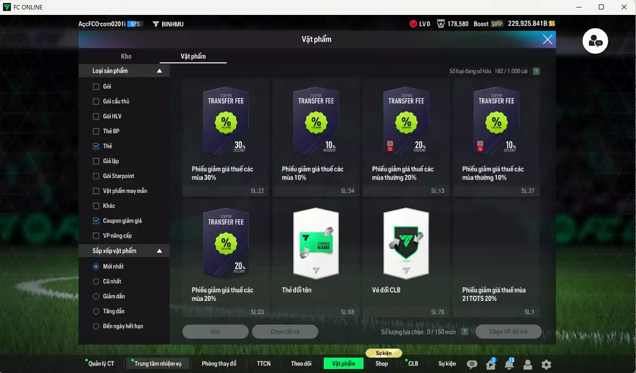 Ảnh ACC 229925b trắng, có thẻ đổi tên, còn nhiều CP giảm thuế. HLV Siêu Xịn, gần full đào tạo chiến thuật