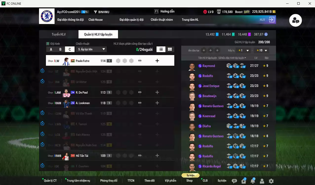 Ảnh ACC 229925b trắng, có thẻ đổi tên, còn nhiều CP giảm thuế. HLV Siêu Xịn, gần full đào tạo chiến thuật