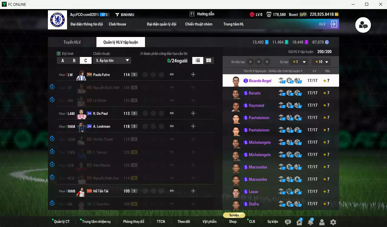 Ảnh ACC 229925b trắng, có thẻ đổi tên, còn nhiều CP giảm thuế. HLV Siêu Xịn, gần full đào tạo chiến thuật