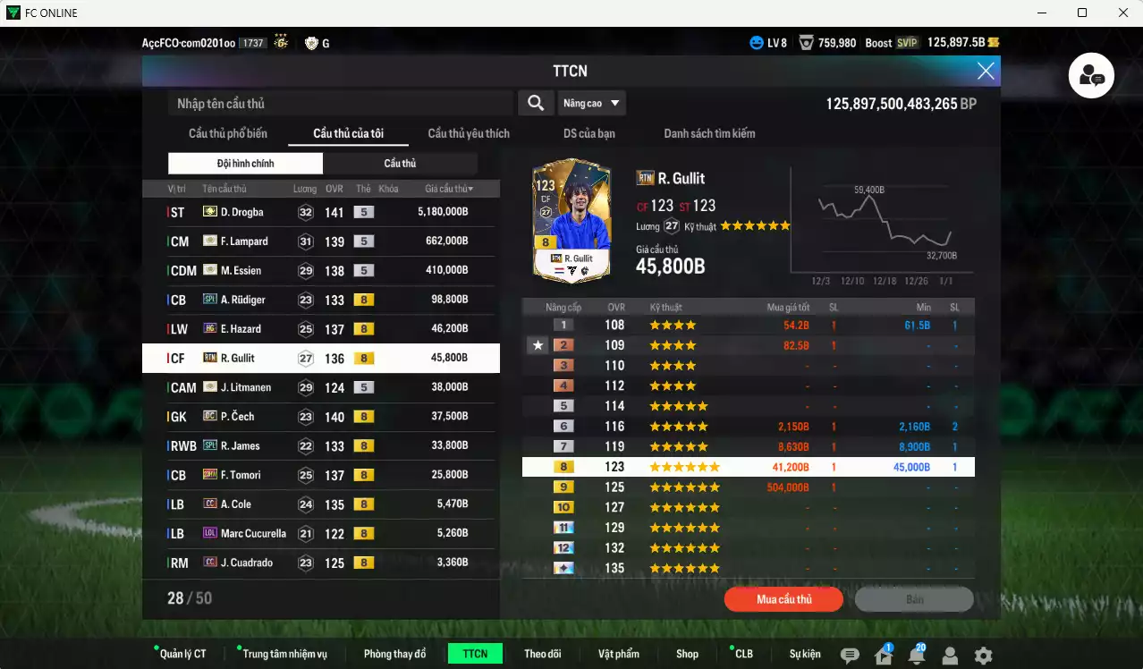 Ảnh Chelsea 6.632.260b dư 125kb có Drogba ITM+5, Lampard ITM+5, Essien ITM+5, Rudiger SPL, Hazard HG, Gullit RTN, Litmane ITM+5, Cech DC, James SPL, Tomori 23HW... Còn nhiều CP giảm thuế, HLV Siêu Xịn, đã full đào tạo chiến thuật lẫn chỉ số cầu thủ