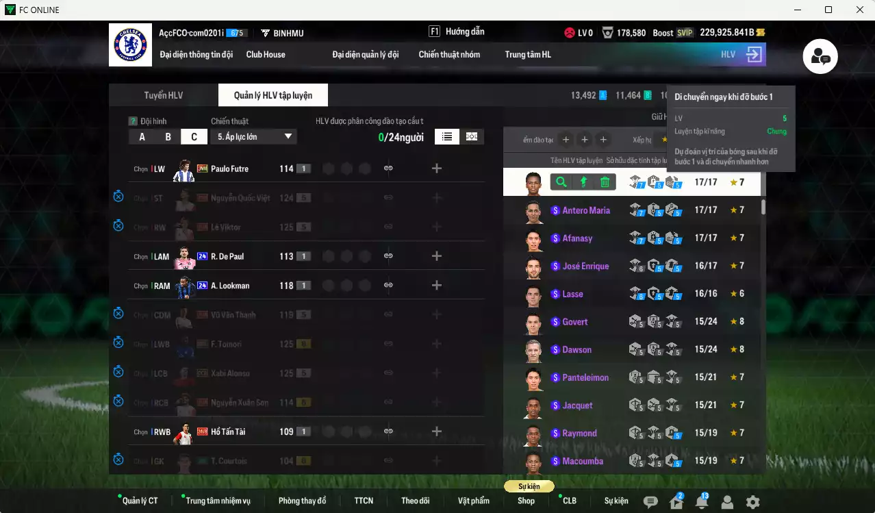 Ảnh ACC 229925b trắng, có thẻ đổi tên, còn nhiều CP giảm thuế. HLV Siêu Xịn, gần full đào tạo chiến thuật