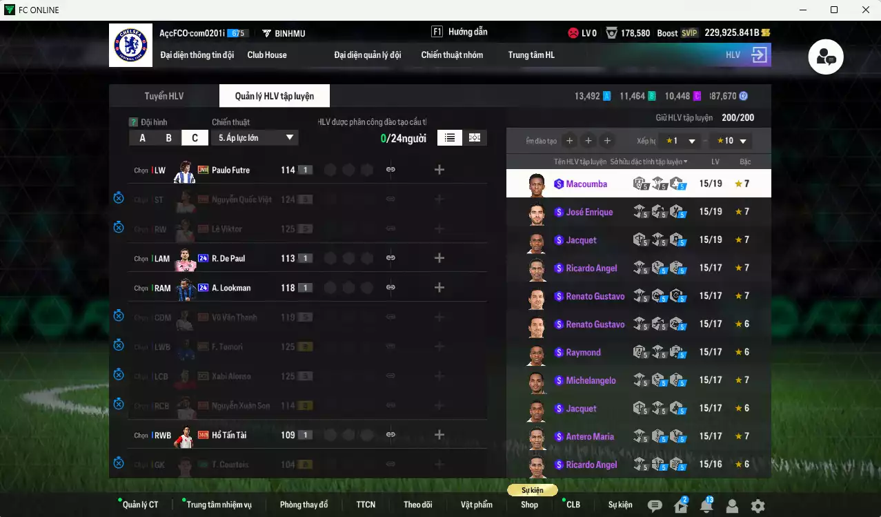 Ảnh ACC 229925b trắng, có thẻ đổi tên, còn nhiều CP giảm thuế. HLV Siêu Xịn, gần full đào tạo chiến thuật