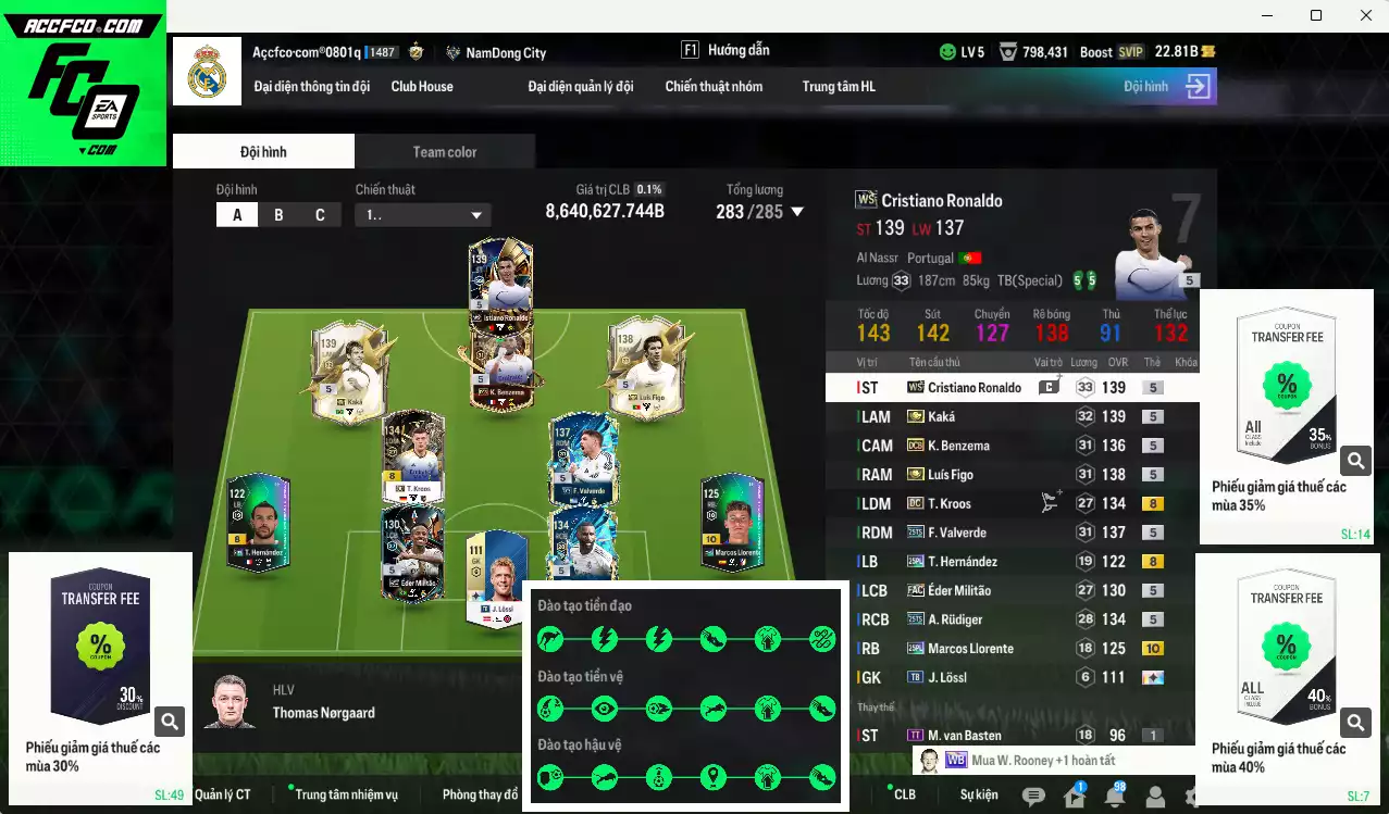 Real Madrid 8.640.620b có Figo ITM+5, Kaká ITM+5, CR7 WS, Kroos DC, Valverde 25TS, Theo 25PL, Benzema DCB, Rudiger 25TS... Còn nhiều CP giảm thuế, full miniface, HLV Siêu Xịn, đã full đào tạo chiến thuật lẫn chỉ số ct