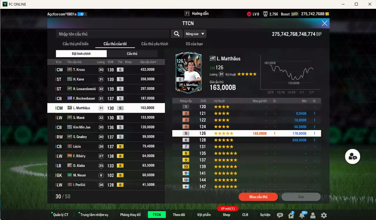 Ảnh [Tặng 700FC] Bayern Munich 2.175.200b dư 275kb có Kroos WS+6, Kane 25TS, Lewandowski WS, Beckenbauer CH, Matthaus FAC, Mané WS, Kim Min Jae 25TS, Gnabry WS, Lúcio CC, Ribéry JNM, Alaba DC... Còn nhiều CP giảm thuế