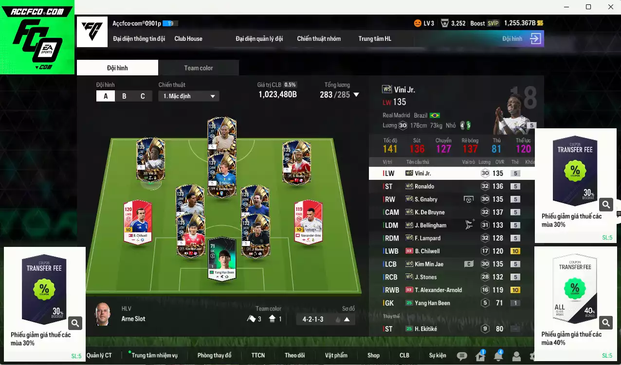 Full mùa WS 1.023.480b có K. De Bruyne, Ronaldo, Bellingham, Gnabry, Kim Min Jae, Vini, Lampard, Stones WS+5 . Còn nhiều CP giảm thuế