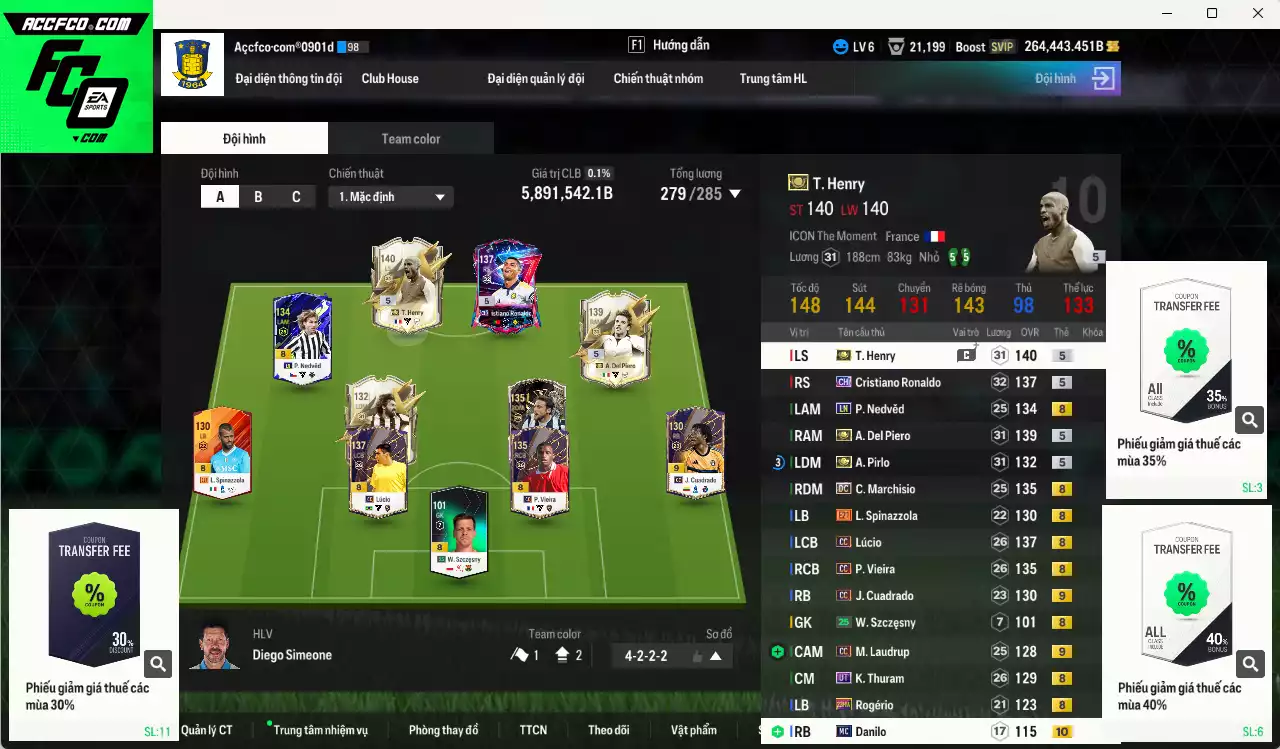 [Dư nhiều BP] Juventus 5.891.540b dư 260kb có Henry ITM+5, Pirlo ITM+5, Del Piero ITM+5, CR7 CH, Lúcio CC, Nedved LN, K. Thuram UT, Vieira CC, M. Laudrup CC+9 ... Còn nhiều CP giảm thuế, dư 171k TC