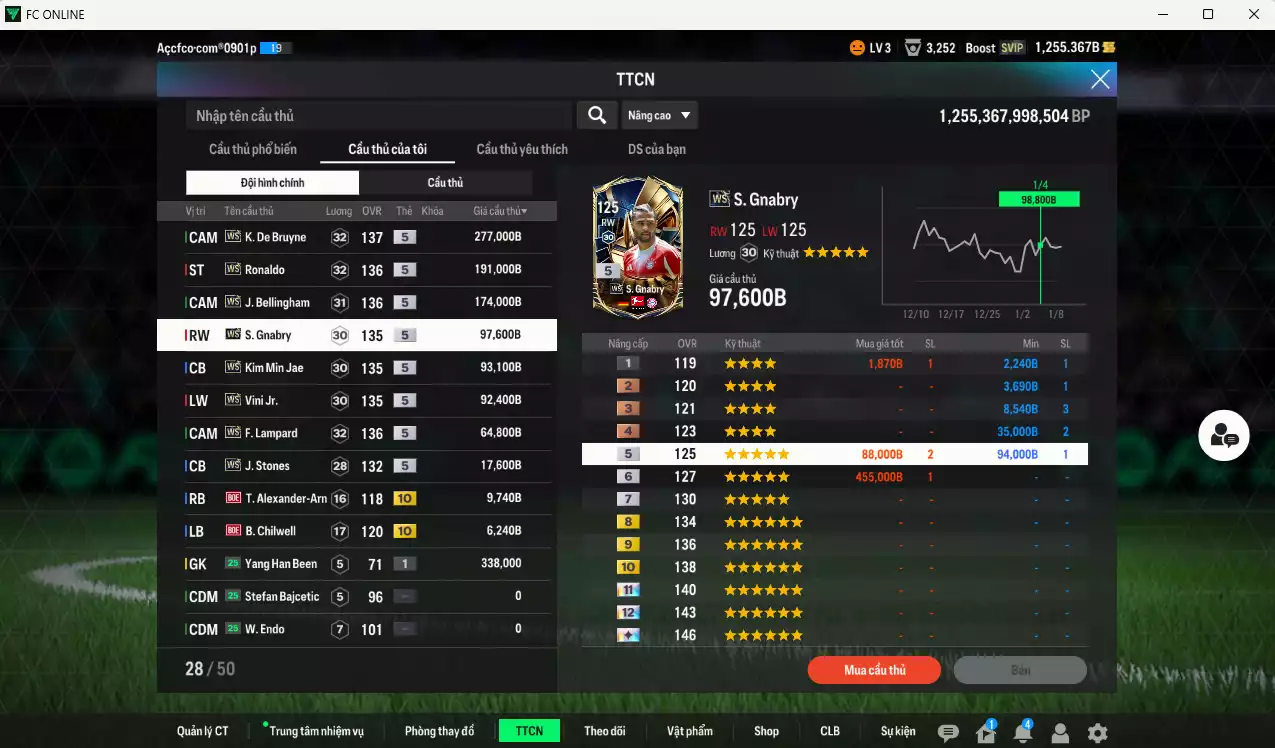 Ảnh Full mùa WS 1.023.480b có K. De Bruyne, Ronaldo, Bellingham, Gnabry, Kim Min Jae, Vini, Lampard, Stones WS+5 . Còn nhiều CP giảm thuế