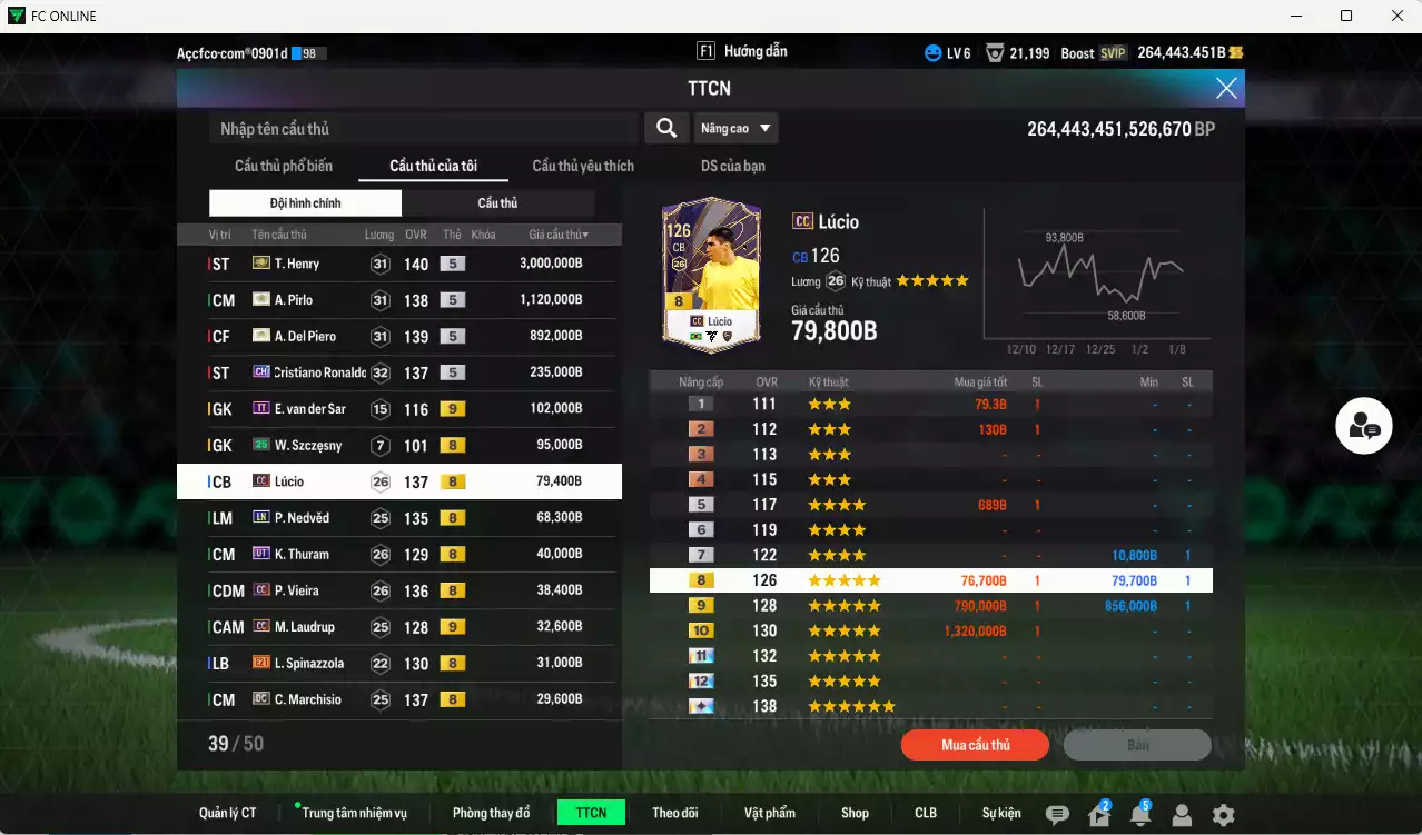 Ảnh [Dư nhiều BP] Juventus 5.891.540b dư 260kb có Henry ITM+5, Pirlo ITM+5, Del Piero ITM+5, CR7 CH, Lúcio CC, Nedved LN, K. Thuram UT, Vieira CC, M. Laudrup CC+9 ... Còn nhiều CP giảm thuế, dư 171k TC