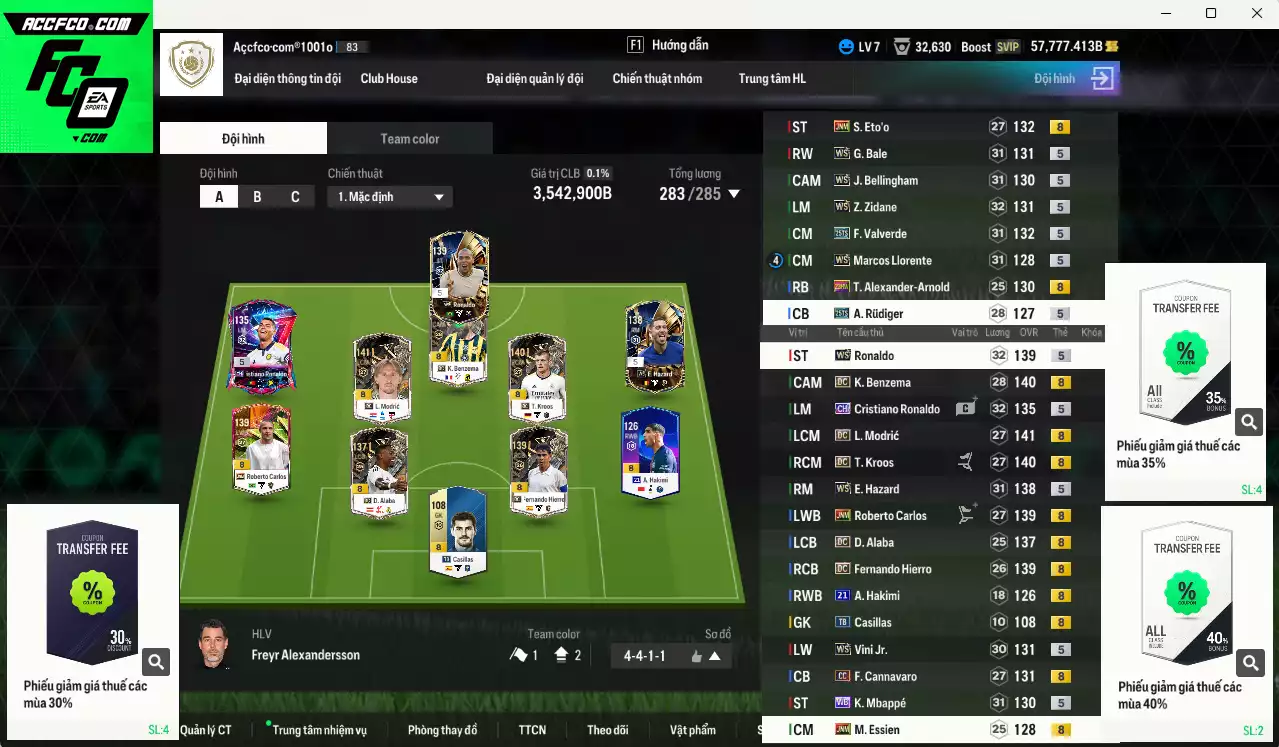 Real Madrid 3.542.900b (team phụ Real WS+5) có Kroos DC, Benzema DC, Eto JNM, CR7 CH, Valverde 25TS, Ronaldo WS, Bellingham WS, Hazard WS, Bale WS, Zidane WS, Modric WS, Mbappé WB... Còn nhiều CP giảm thuế
