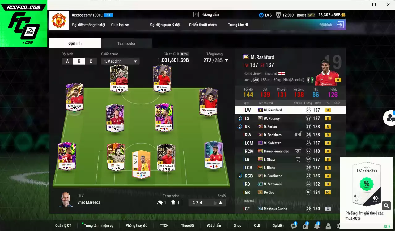 Man Utd. 1.001.800b có Forlán CC, Ferdinand DC, Beckham CC, Bruno 23HW, Rooney DC, Cunha 25TS, Rashford HG+9, Blanc JNM, Sabitzer UT, Mazraoui SPL... Có miniface, VIP BK Tháng 1