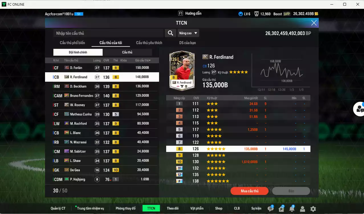 Ảnh Man Utd. 1.001.800b có Forlán CC, Ferdinand DC, Beckham CC, Bruno 23HW, Rooney DC, Cunha 25TS, Rashford HG+9, Blanc JNM, Sabitzer UT, Mazraoui SPL... Có miniface, VIP BK Tháng 1