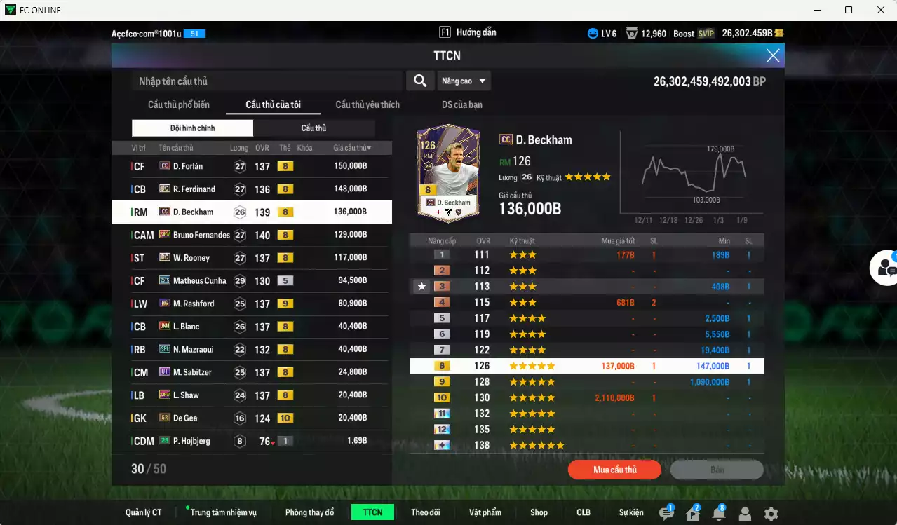 Ảnh Man Utd. 1.001.800b có Forlán CC, Ferdinand DC, Beckham CC, Bruno 23HW, Rooney DC, Cunha 25TS, Rashford HG+9, Blanc JNM, Sabitzer UT, Mazraoui SPL... Có miniface, VIP BK Tháng 1