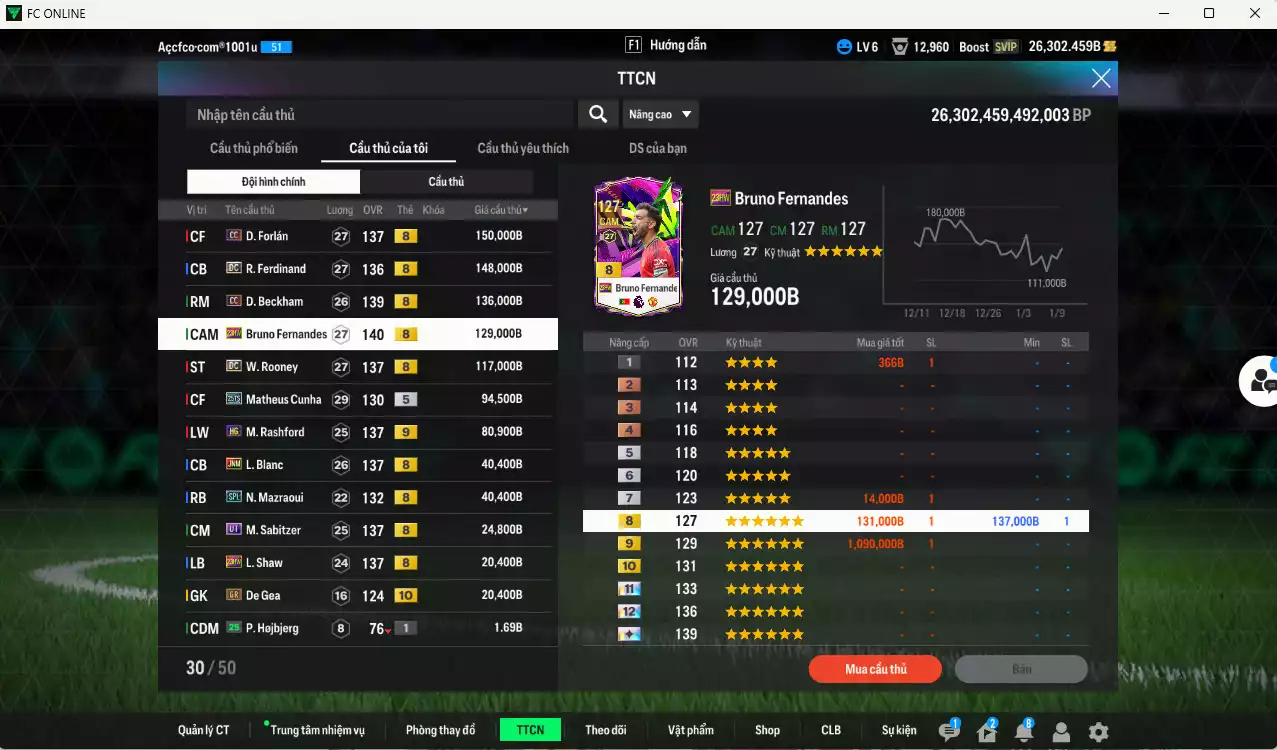Ảnh Man Utd. 1.001.800b có Forlán CC, Ferdinand DC, Beckham CC, Bruno 23HW, Rooney DC, Cunha 25TS, Rashford HG+9, Blanc JNM, Sabitzer UT, Mazraoui SPL... Có miniface, VIP BK Tháng 1