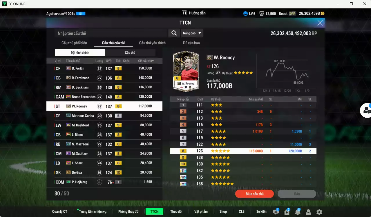 Ảnh Man Utd. 1.001.800b có Forlán CC, Ferdinand DC, Beckham CC, Bruno 23HW, Rooney DC, Cunha 25TS, Rashford HG+9, Blanc JNM, Sabitzer UT, Mazraoui SPL... Có miniface, VIP BK Tháng 1