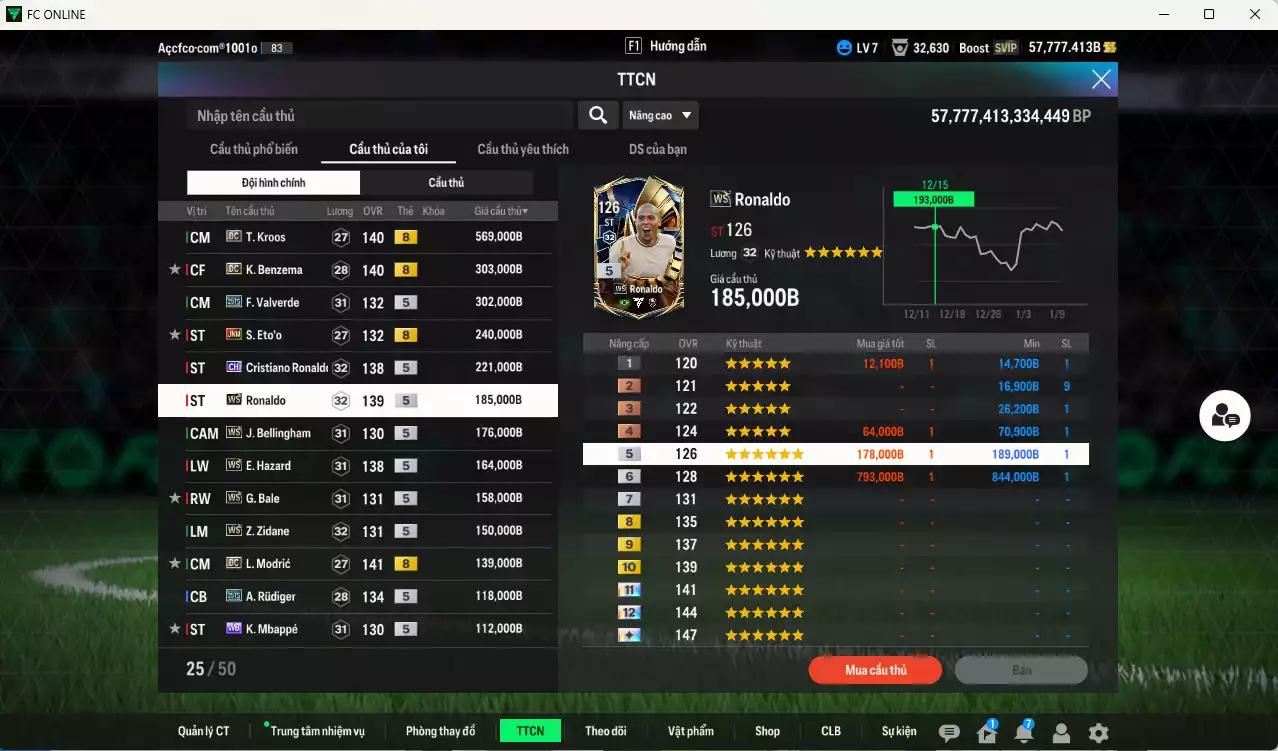 Ảnh Real Madrid 3.542.900b (team phụ Real WS+5) có Kroos DC, Benzema DC, Eto JNM, CR7 CH, Valverde 25TS, Ronaldo WS, Bellingham WS, Hazard WS, Bale WS, Zidane WS, Modric WS, Mbappé WB... Còn nhiều CP giảm thuế