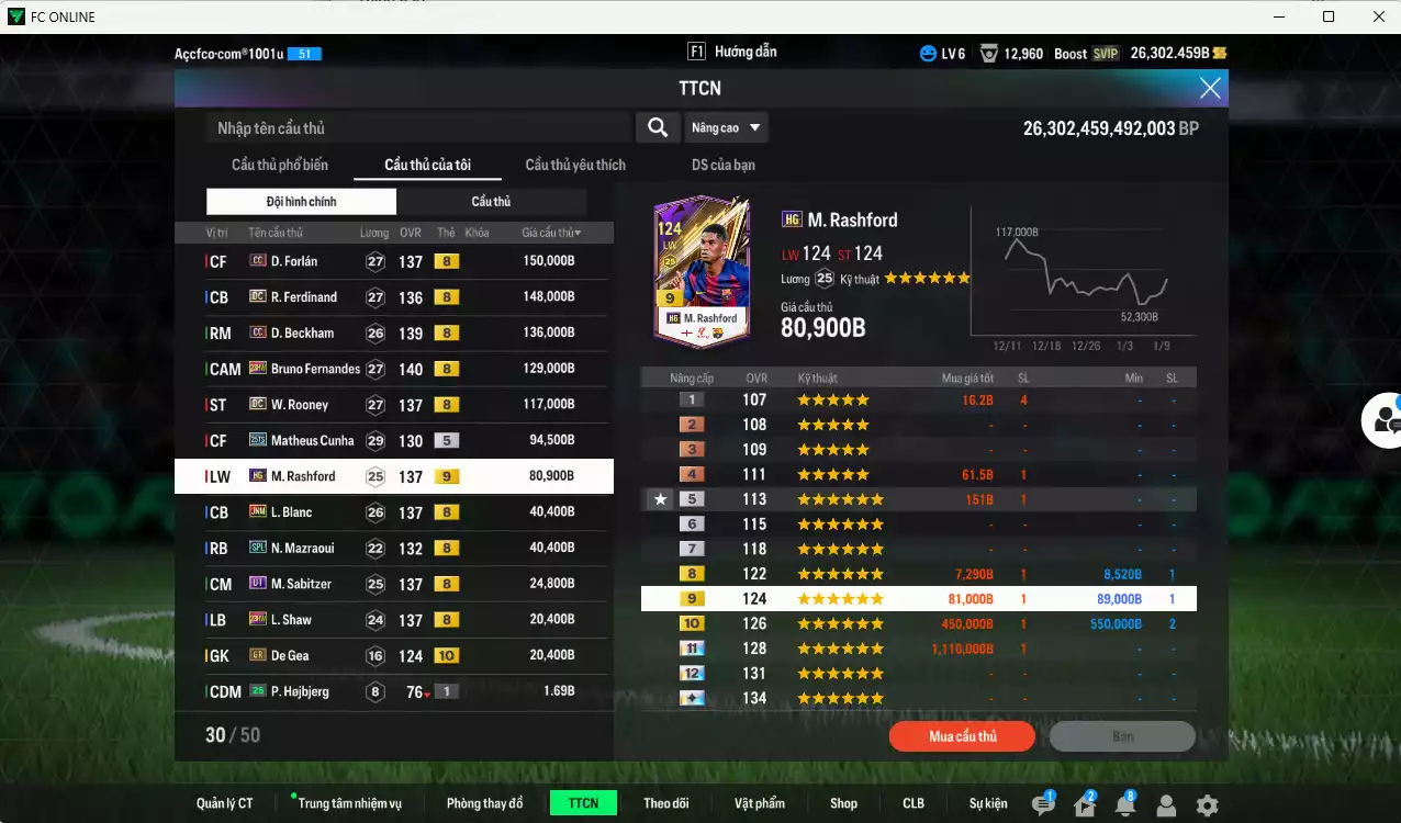 Ảnh Man Utd. 1.001.800b có Forlán CC, Ferdinand DC, Beckham CC, Bruno 23HW, Rooney DC, Cunha 25TS, Rashford HG+9, Blanc JNM, Sabitzer UT, Mazraoui SPL... Có miniface, VIP BK Tháng 1