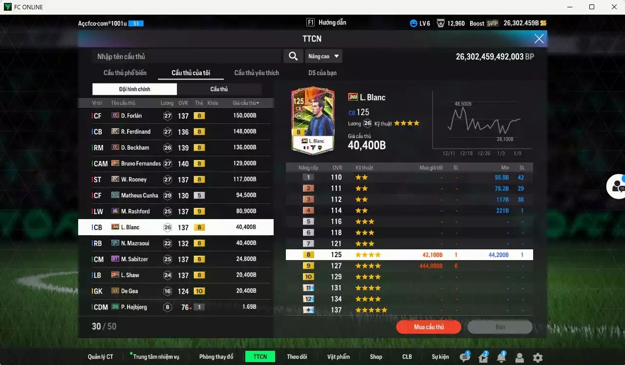 Ảnh Man Utd. 1.001.800b có Forlán CC, Ferdinand DC, Beckham CC, Bruno 23HW, Rooney DC, Cunha 25TS, Rashford HG+9, Blanc JNM, Sabitzer UT, Mazraoui SPL... Có miniface, VIP BK Tháng 1