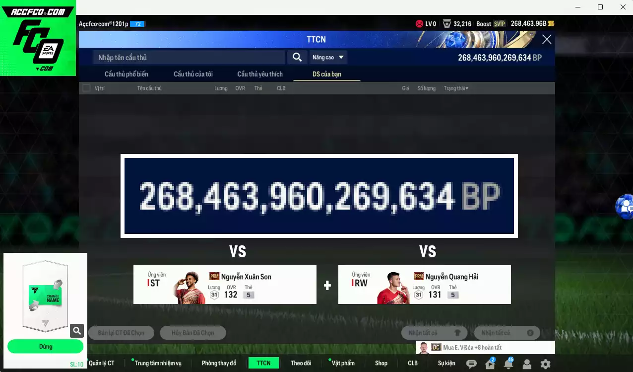 ACC 268463b trắng vs Xuân Son PRM, Quang Hải PRM, có thẻ đổi tên. Dư 130k TC