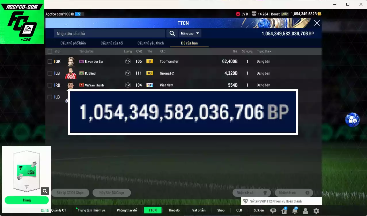 ACC 1054349b trắng, có thẻ đổi tên, full miniface, còn CP giảm thuế