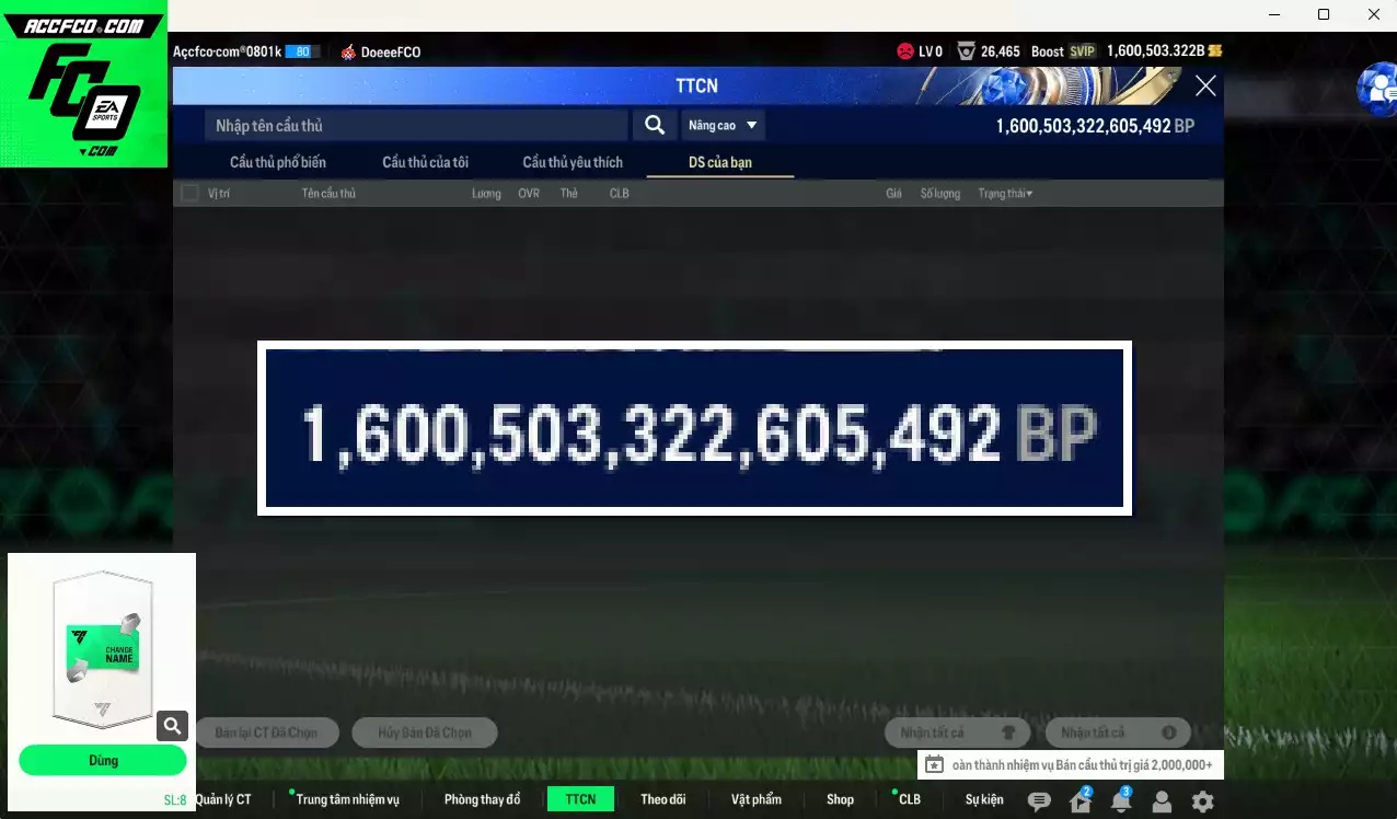 ACC 1600503b trắng, có thẻ đổi tên, còn CP giảm thuế. HLV Xịn, dư 130k TC