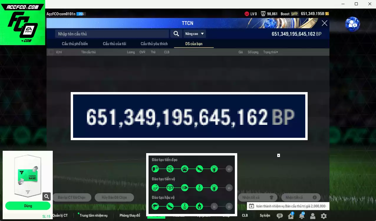 ACC 651349b trắng, có thẻ đổi tên, full miniface, còn CP giảm thuế. HLV Xịn, gần full đào tạo chiến thuật