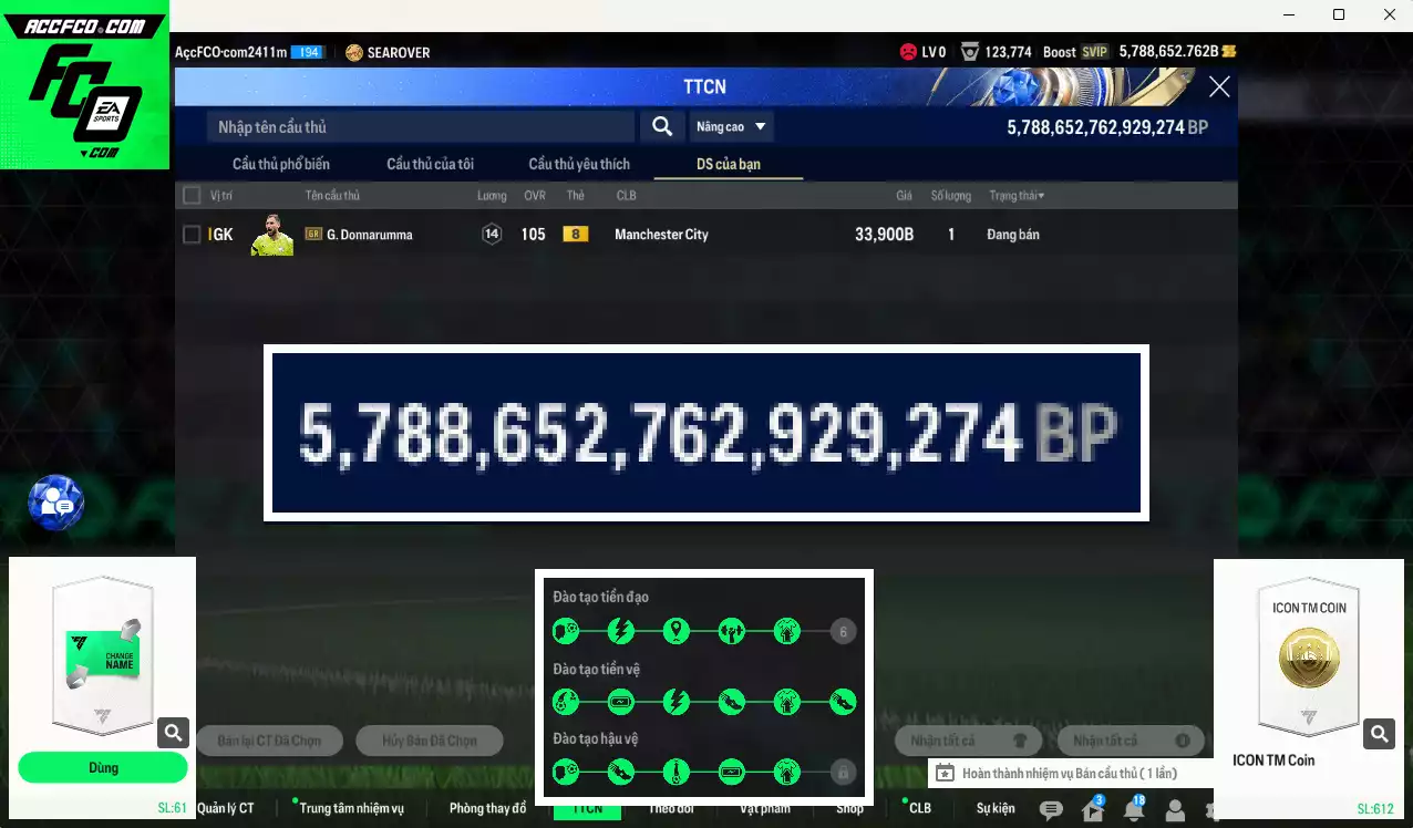 ACC 5788652b trắng, có thẻ đổi tên, còn CP giảm thuế. HLV Siêu Xịn, gần full đào tạo chiến thuật, dư 130k TC
