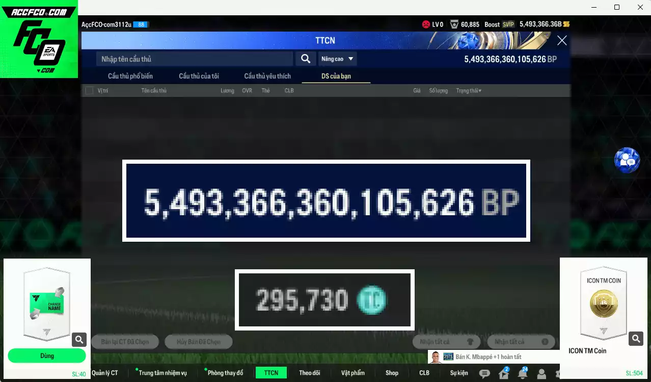 ACC 5493366b trắng, có thẻ đổi tên, còn nhiều CP giảm thuế. HLV Xịn, dư 290k TC