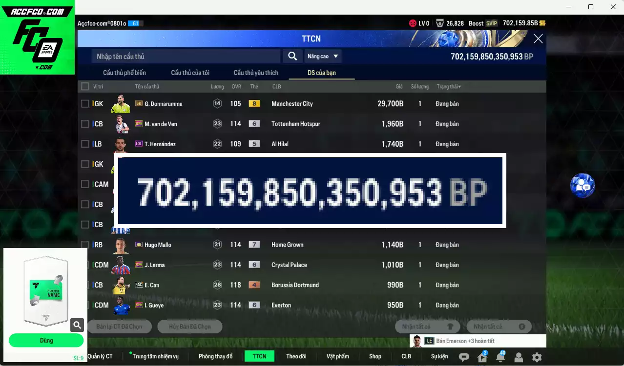 ACC 702159b trắng, có thẻ đổi tên. Dư 110k TC