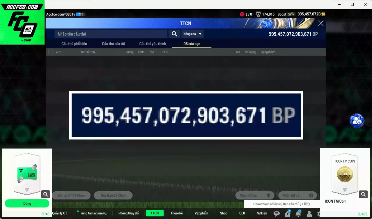 ACC 995457b trắng, có thẻ đổi tên, full miniface. HLV Xịn