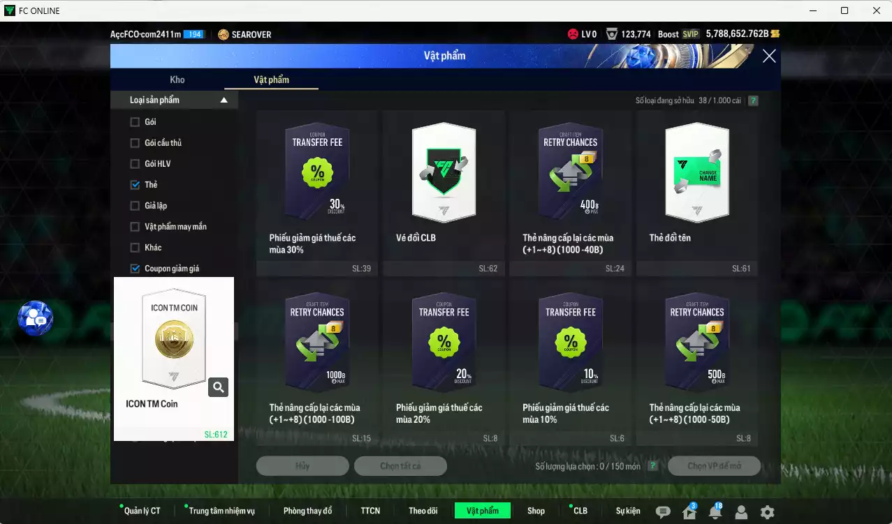 Ảnh ACC 5788652b trắng, có thẻ đổi tên, còn CP giảm thuế. HLV Siêu Xịn, gần full đào tạo chiến thuật, dư 130k TC