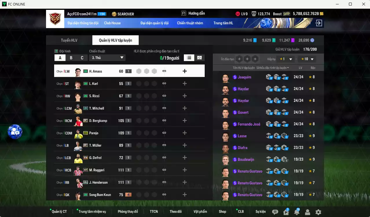 Ảnh ACC 5788652b trắng, có thẻ đổi tên, còn CP giảm thuế. HLV Siêu Xịn, gần full đào tạo chiến thuật, dư 130k TC