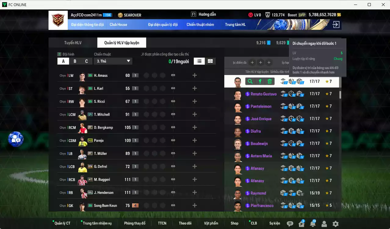 Ảnh ACC 5788652b trắng, có thẻ đổi tên, còn CP giảm thuế. HLV Siêu Xịn, gần full đào tạo chiến thuật, dư 130k TC