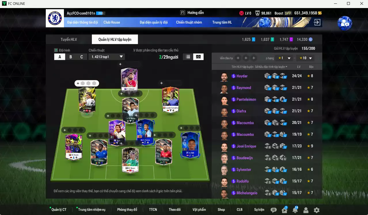 Ảnh ACC 651349b trắng, có thẻ đổi tên, full miniface, còn CP giảm thuế. HLV Xịn, gần full đào tạo chiến thuật