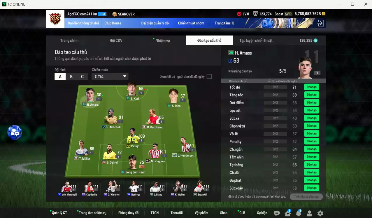 Ảnh ACC 5788652b trắng, có thẻ đổi tên, còn CP giảm thuế. HLV Siêu Xịn, gần full đào tạo chiến thuật, dư 130k TC