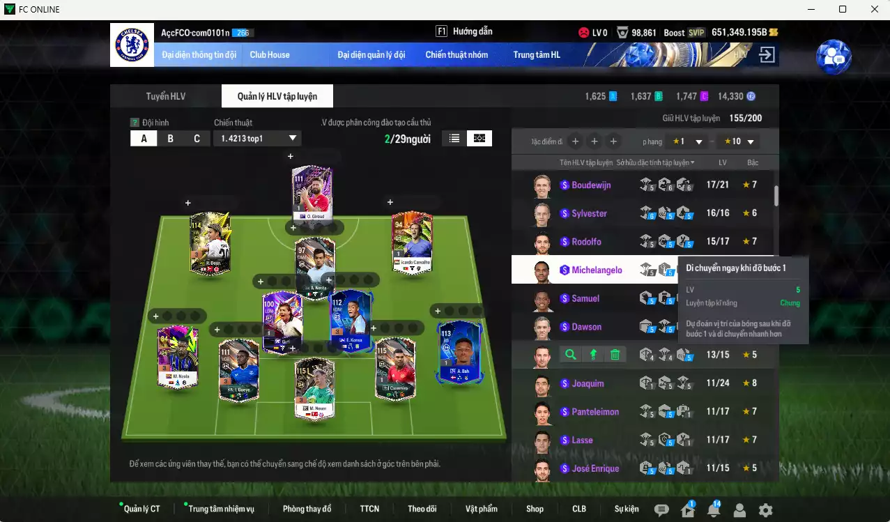 Ảnh ACC 651349b trắng, có thẻ đổi tên, full miniface, còn CP giảm thuế. HLV Xịn, gần full đào tạo chiến thuật