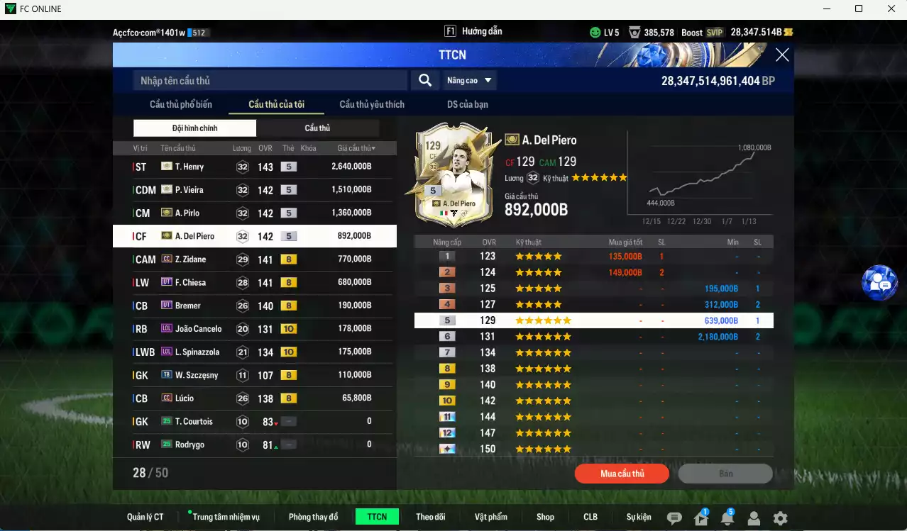 Ảnh Juventus 8.570.800b có Henry ITM+5, Pirlo ITM+5, Vieira ITM+5, Del Piero ITM+5, Zidane CC, Chiesa UT, Bremer UT, Cancelo LOL+10, Spinazzola LOL+10, Lúcio CC... Full miniface, HLV Siêu Xịn, đã đào tạo full chỉ số nhiều ct, VIP BK Tháng 1